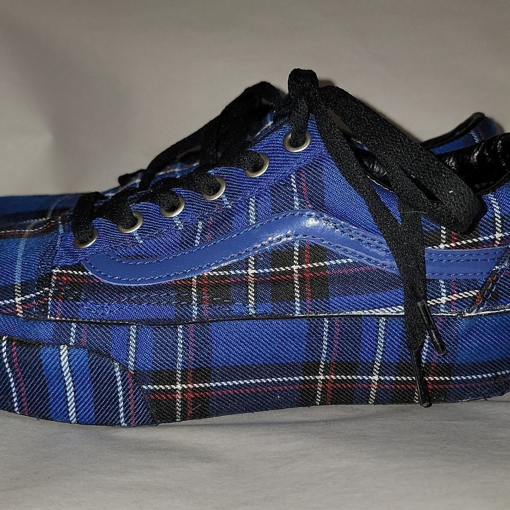 Vans Old Skool Platform Patent Plaid Blue Black Sneaker Shoes Women 5.5 Men 7 - Picture 2 of 15